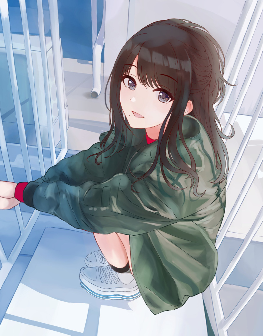 1girl bangs black_eyes black_hair braid full_body green_jacket highres idolmaster idolmaster_shiny_colors jacket kazano_hiori looking_at_viewer mole mole_under_mouth own_hands_clasped own_hands_together shoes smile sneakers solo source_request squatting white_footwear