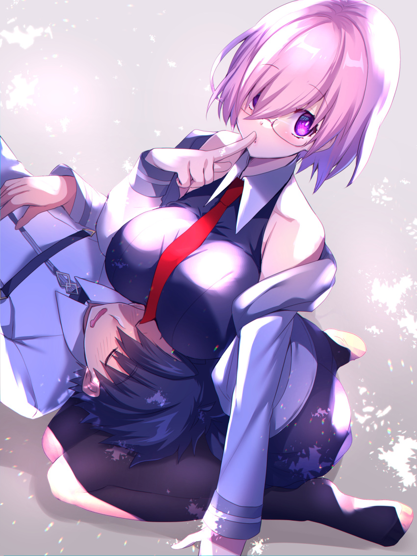 1boy 1girl bangs bare_shoulders between_breasts black_dress black_hair blush breasts chaldea_uniform closed_eyes collarbone collared_dress commentary_request dress eyebrows_visible_through_hair fate/grand_order fate_(series) finger_to_mouth fujimaru_ritsuka_(male) glasses hair_between_eyes highres index_finger_raised jacket lap_pillow large_breasts light_purple_hair long_sleeves looking_at_viewer mash_kyrielight necktie necktie_between_breasts off_shoulder open_clothes open_jacket open_mouth pantyhose parted_lips pink_legwear red_neckwear seiza shadow short_hair sitting sleeping sleeveless sleeveless_dress tajima_yoshikazu violet_eyes white_jacket