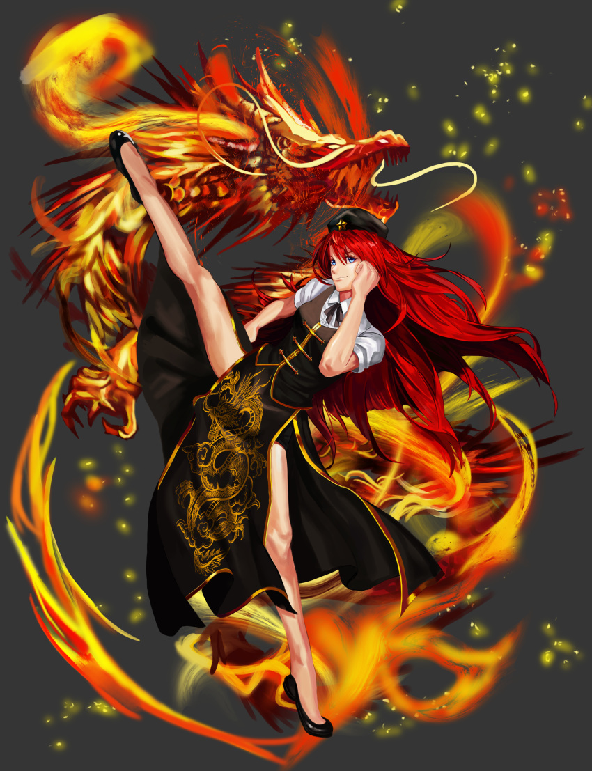 1girl absurdres bangs blue_eyes cabbie_hat chinese_clothes dragon_print eyebrows_visible_through_hair grey_background hair_between_eyes hat hat_ornament highres hong_meiling leg_up long_hair looking_at_viewer redhead reki_(user_rcrd4534) shirt shoes short_hair smile solo star_(symbol) star_hat_ornament thighs touhou white_shirt