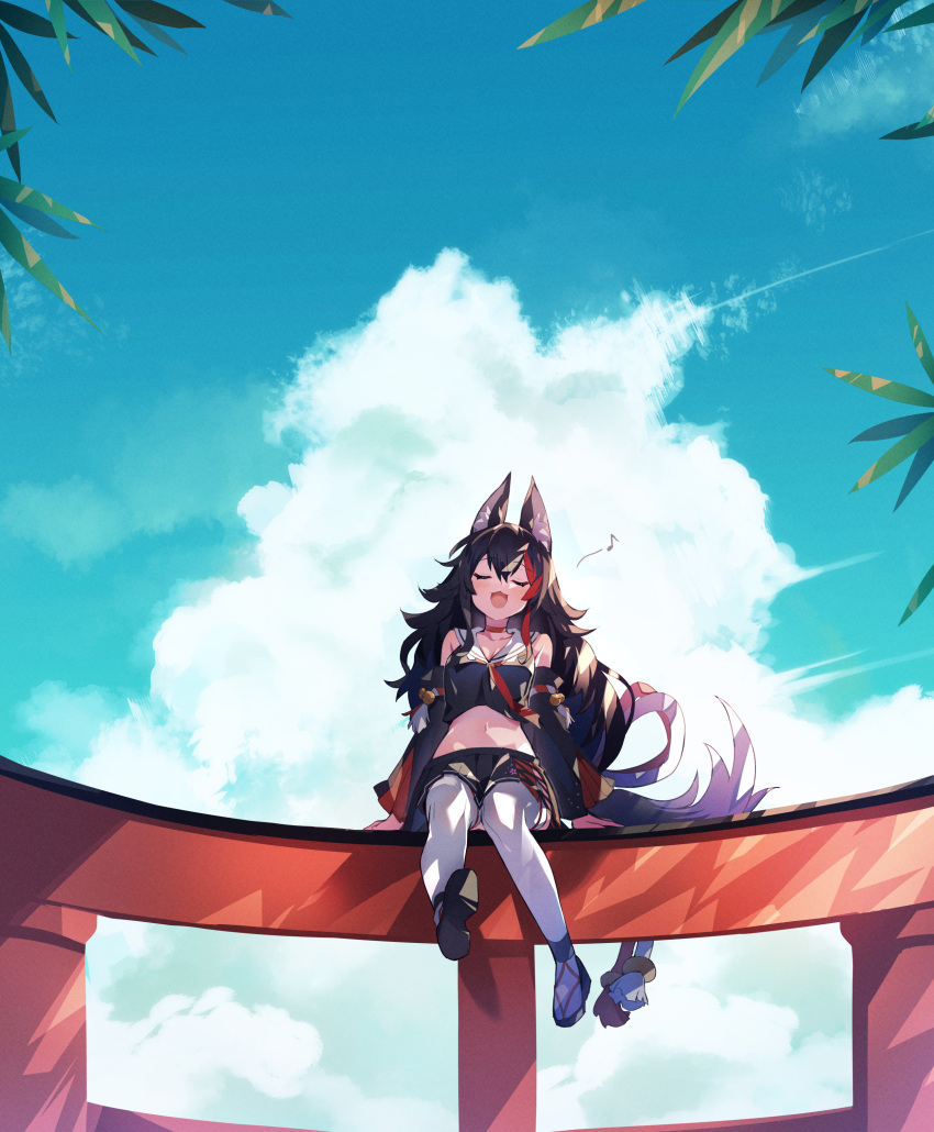 1girl :d absurdres animal_ears bangs black_hair blue_sky closed_eyes day deany eyebrows_visible_through_hair full_body highres hololive long_hair multicolored_hair muscular muscular_male ookami_mio open_mouth outdoors redhead sitting sky smile solo streaked_hair tail virtual_youtuber wolf_ears wolf_girl wolf_tail