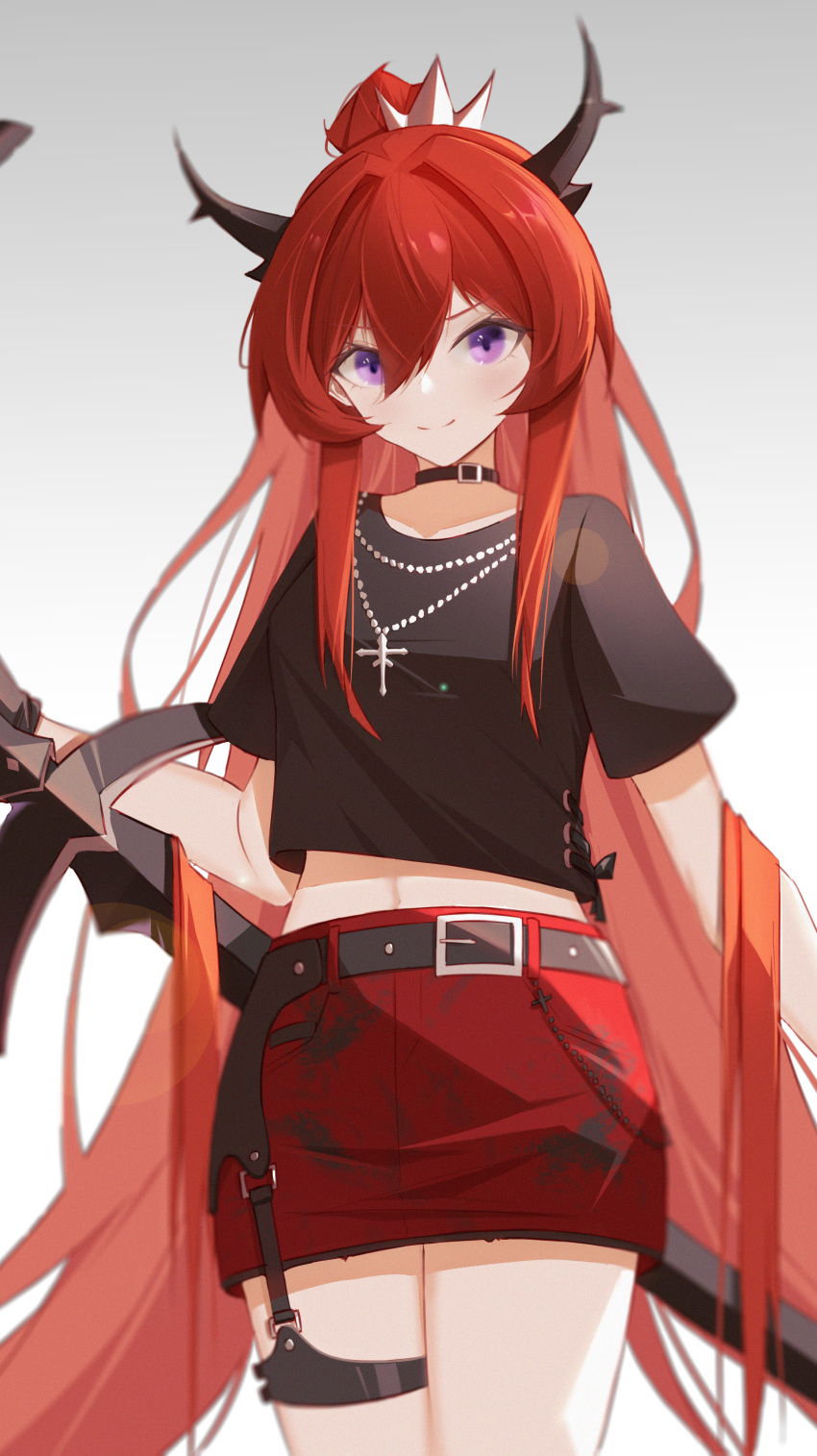 1girl absurdres arknights bangs belt black_shirt choker closed_mouth crown hair_between_eyes highres holding holding_sword holding_weapon horns huge_filesize l1an9_(user_xdpk2425) long_hair looking_at_viewer navel ponytail red_skirt redhead rosary shirt short_sleeves skirt smile solo surtr_(arknights) sword v-shaped_eyebrows violet_eyes weapon