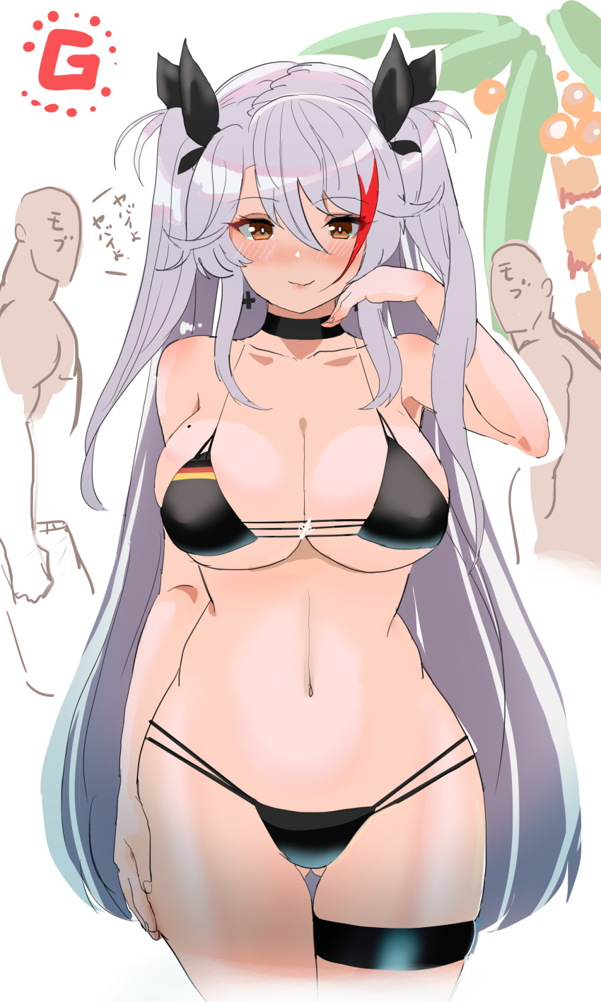 1girl 2boys absurdres azur_lane beach bikini black_bikini bow breasts choker collarbone eyebrows_visible_through_hair hair_bow hand_on_own_cheek hand_on_own_face hand_on_thigh hey_taisyou highres large_breasts long_hair looking_at_viewer mole mole_on_breast multicolored_hair multiple_boys navel prinz_eugen_(azur_lane) prinz_eugen_(unfading_smile)_(azur_lane) silver_hair stomach streaked_hair swimsuit thigh_strap twintails yellow_eyes