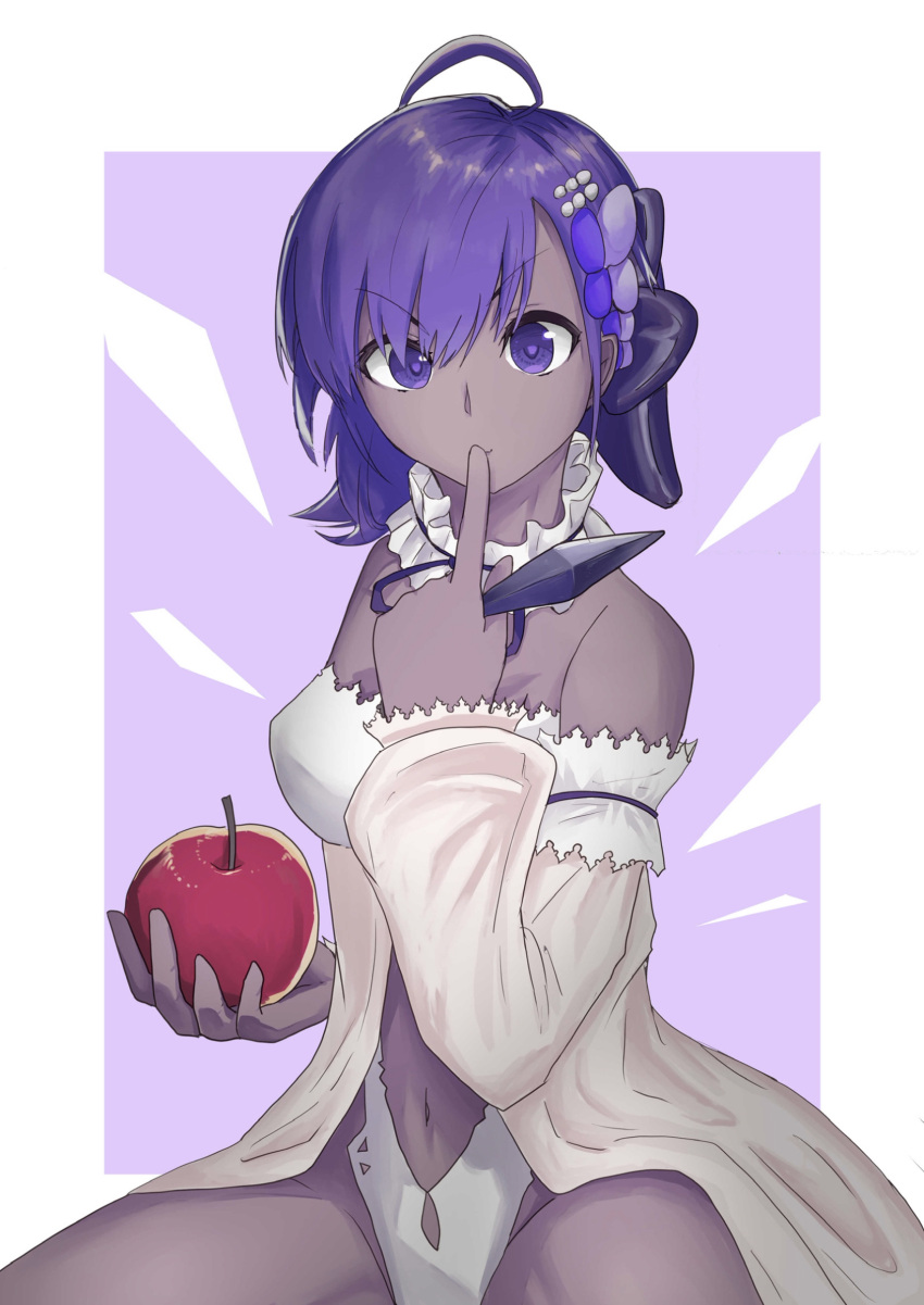 1girl ahoge apple bare_shoulders beige_dress border breasts clothing_cutout detached_collar detached_sleeves fate/grand_order fate_(series) finger_to_mouth flower food fruit hair_flower hair_ornament hassan_of_serenity_(fate) highres holding holding_knife knife looking_at_viewer medium_breasts natu_zame navel navel_cutout purple_hair short_hair sitting solo throwing_knife violet_eyes weapon white_border