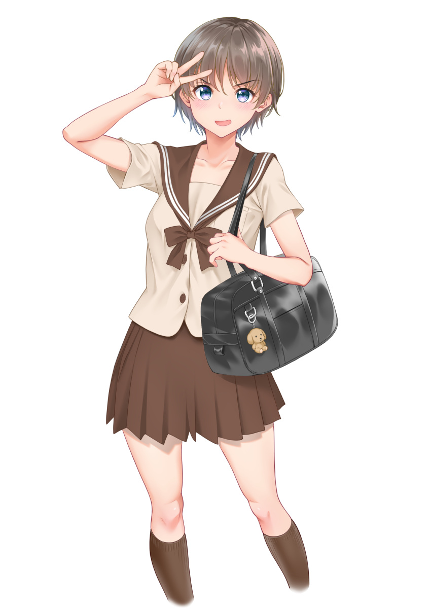 1girl bag bag_charm bangs blush bow bowtie breasts brown_bow brown_hair brown_legwear brown_neckwear brown_sailor_collar brown_shirt brown_skirt charm_(object) collarbone commentary doyagao eyebrows_visible_through_hair hair_between_eyes hand_to_head highres holding holding_bag holding_strap kneehighs looking_at_viewer nora_shinji open_mouth original pleated_skirt pose sailor_collar salute school_bag school_uniform serafuku shirt short_hair short_sleeves simple_background skirt small_breasts smile smug solo standing stuffed_animal stuffed_dog stuffed_toy v v-shaped_eyebrows violet_eyes white_background