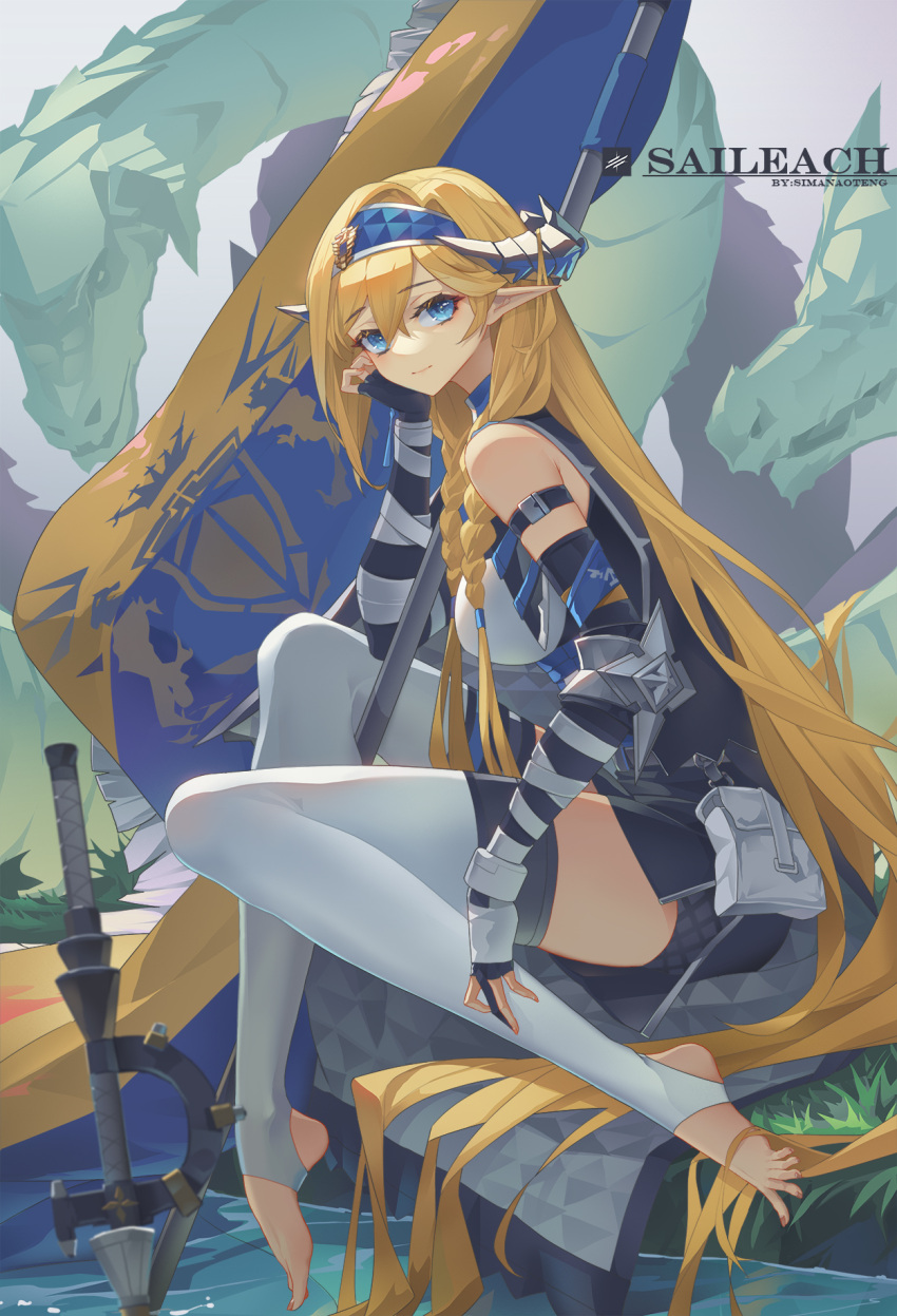 1girl arknights artist_name bangs bare_shoulders black_gloves black_skirt blonde_hair blue_eyes blue_hairband braid breasts character_name closed_mouth creature day dragon dragon_horns elbow_gloves elbow_pads eyebrows_visible_through_hair from_side full_body gloves hairband hand_on_own_cheek hand_on_own_face highres horns long_hair looking_at_viewer looking_to_the_side medium_breasts miniskirt no_shoes outdoors partially_fingerless_gloves planted planted_sword pond pouch saileach_(arknights) sima_naoteng sitting skirt smile solo stirrup_legwear sword thigh-highs toeless_legwear twin_braids very_long_hair water weapon white_legwear zettai_ryouiki