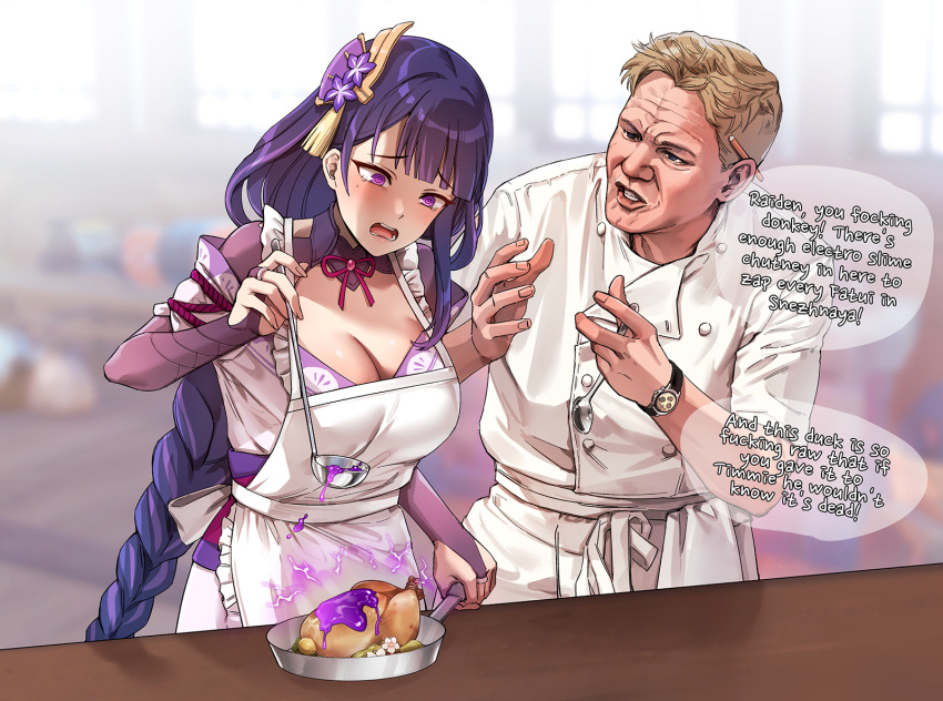 1boy 1girl @_@ apron bangs blonde_hair blunt_bangs blurry blurry_background braid braided_ponytail breasts bridal_gauntlets chef_uniform commentary crossover electricity english_commentary english_text eyebrows_visible_through_hair food foxyreine frilled_apron frills frying_pan genshin_impact gordon_ramsay hair_ornament hand_up hands_up hell's_kitchen highres holding indoors ladle large_breasts long_hair mole mole_under_eye neck_ribbon obi open_mouth parted_lips purple_hair raiden_shogun raised_eyebrows real_life ribbon sash short_hair speech_bubble spoon tearing_up violet_eyes watch watch white_apron window wrinkled_skin