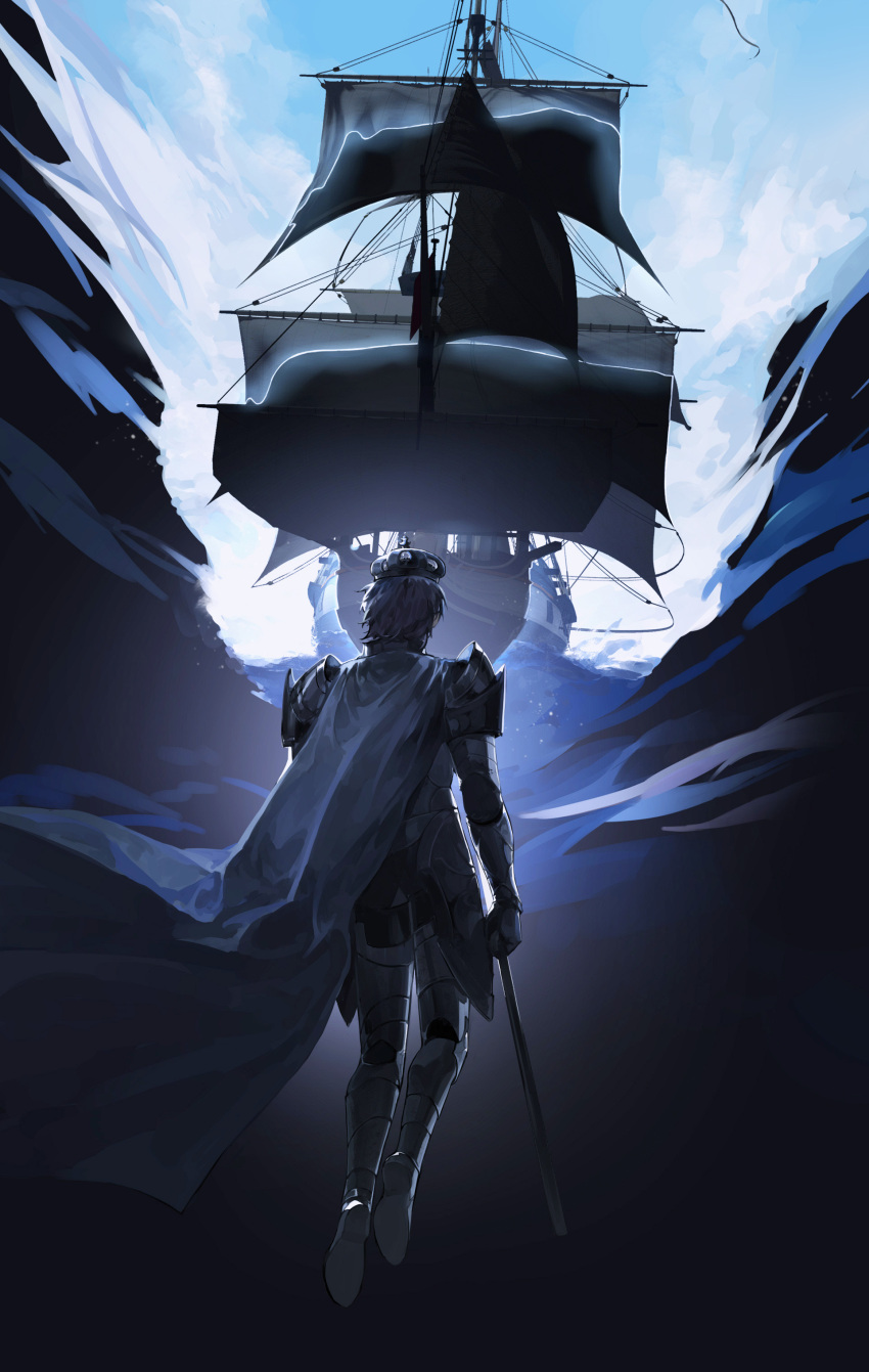 1boy absurdres armor black_armor black_hair cane cape chinese_commentary clear_sky commentary_request crown floating from_behind full_armor highres holding holding_cane klein_moretti lord_of_the_mysteries ocean pauldrons ship shoulder_armor sky solo water watercraft yinyoushirenmaotouying