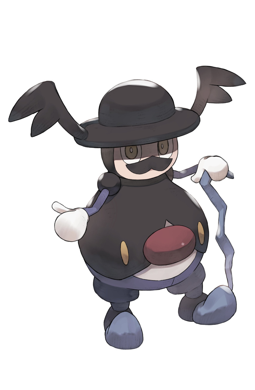 absurdres black_headwear bright_pupils cane facial_hair full_body hat highres holding holding_cane mr._rime mustache no_humans odd_(hin_yari) pokemon pokemon_(creature) simple_background solo white_background white_pupils yellow_eyes