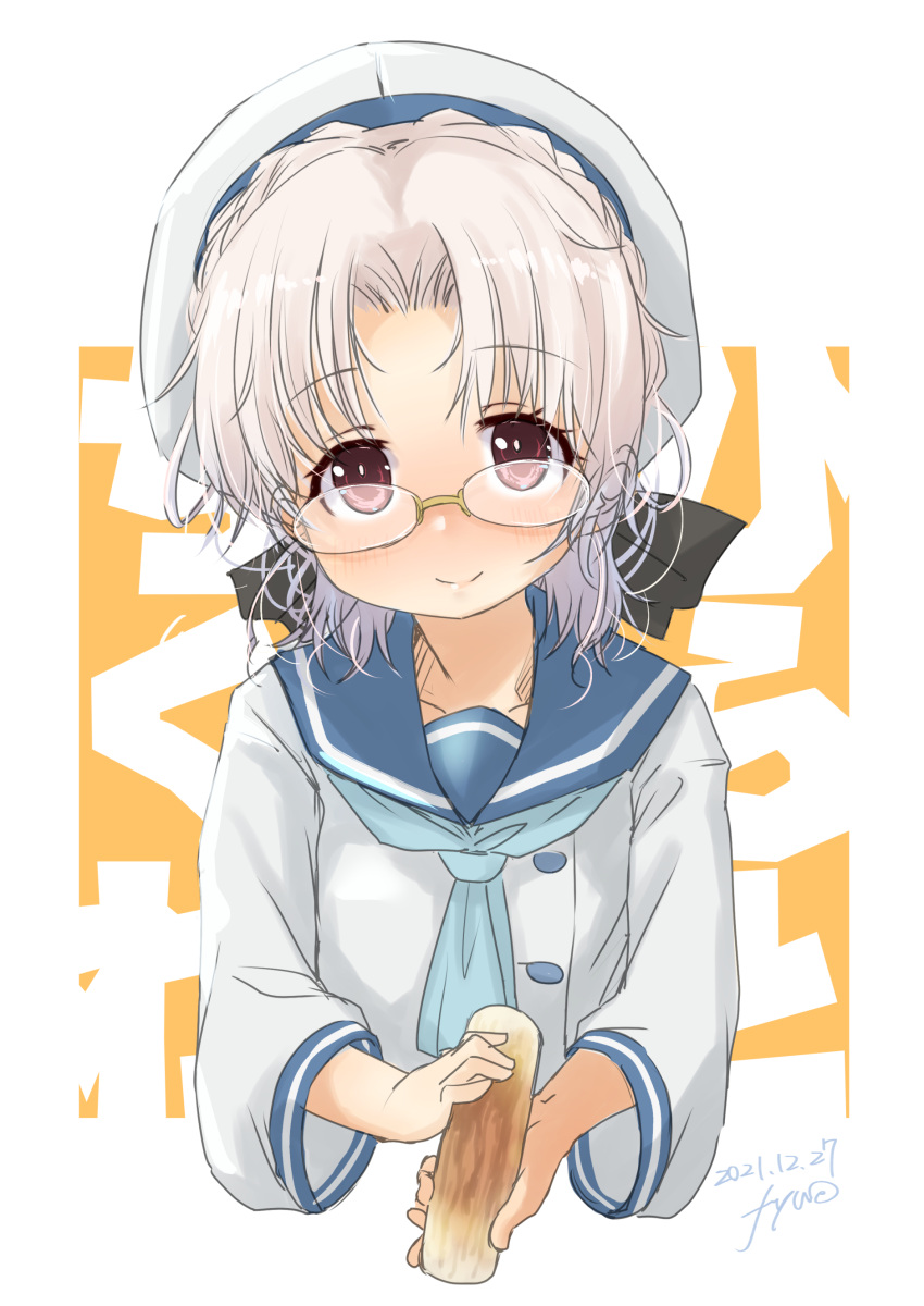 1girl absurdres blue_neckerchief blue_sailor_collar blue_skirt brown_eyes chikuwa commentary_request food fyuo glasses gloves grey_hair hat highres hirato_(kancolle) holding kantai_collection long_sleeves neckerchief one-hour_drawing_challenge sailor_collar sailor_hat school_uniform serafuku short_hair skirt solo upper_body wavy_hair white_gloves white_headwear