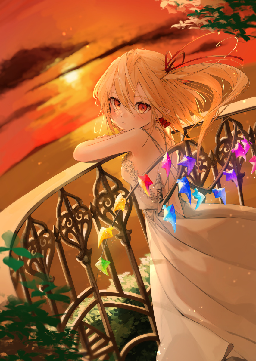 1girl absurdres against_railing alternate_costume arm_rest backless_dress backless_outfit backlighting bangs bare_arms bare_shoulders blonde_hair blurry blurry_background bush clouds cloudy_sky crystal depth_of_field doujinshi dress earrings evening expressionless eyebrows_visible_through_hair feet_out_of_frame flandre_scarlet floating_hair from_behind from_side gotoh510 hair_between_eyes hair_ribbon highres jewelry light_blush light_particles long_dress long_hair looking_at_viewer looking_back looking_to_the_side no_hat no_headwear ocean orange_sky parted_lips pleated_dress pointy_ears railing red_eyes red_ribbon ribbon side_ponytail sky sleeveless sleeveless_dress solo standing stud_earrings sunlight sunset touhou twilight water white_dress wind wings