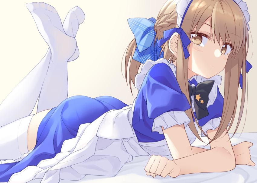 1girl apron bangs black_bow blue_bow blue_dress blush bow braid brown_background brown_eyes brown_hair closed_mouth commentary_request dress eyebrows_visible_through_hair frilled_apron frills hair_between_eyes hair_bow ina_(inadahime) legs_up lying maid maid_apron maid_headdress no_shoes on_stomach original plaid plaid_bow ponytail puffy_short_sleeves puffy_sleeves short_sleeves soles solo thigh-highs white_apron white_legwear