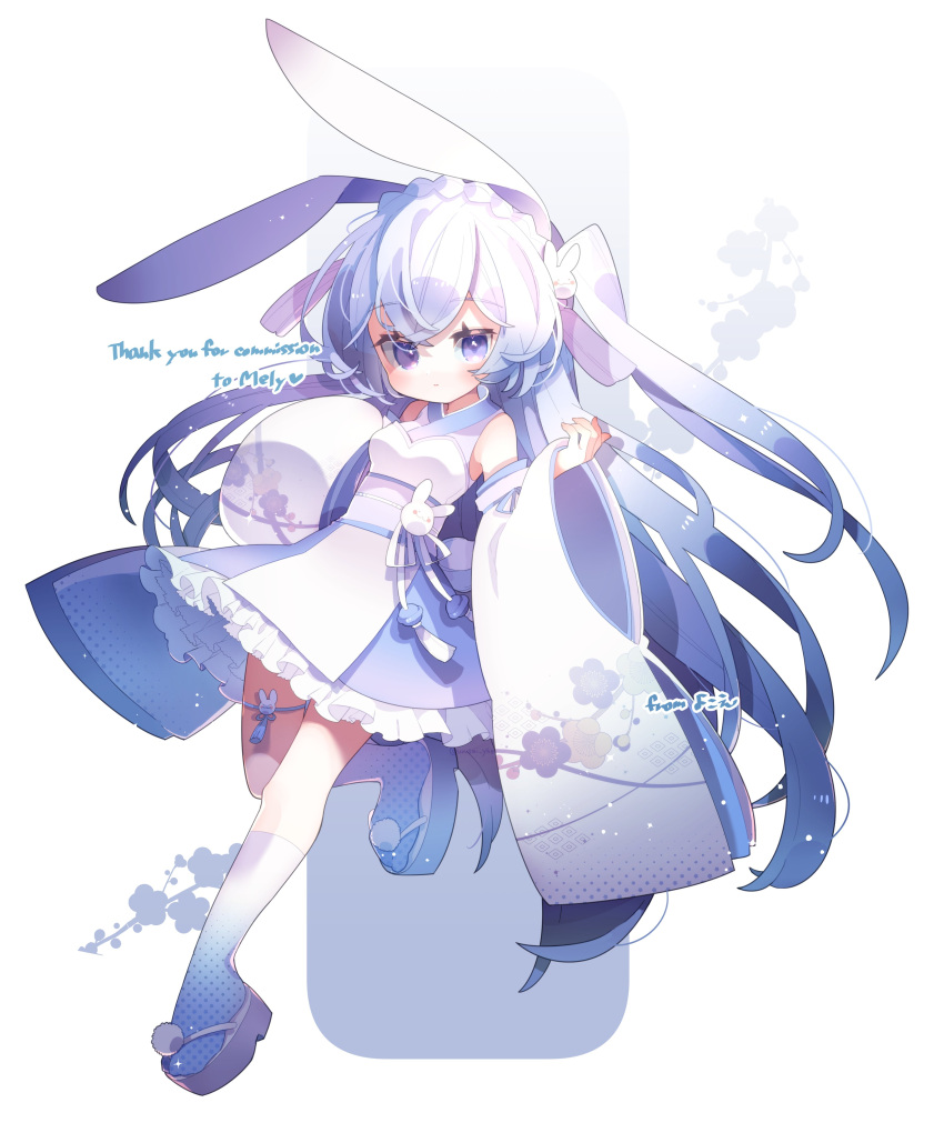 1girl absurdres animal_ears blue_eyes breasts character_name commission english_commentary highres indie_virtual_youtuber japanese_clothes kimono leaning_back long_hair medium_breasts mely_(vtuber) obi platform_footwear rabbit_ears rabbit_girl sash second-party_source side_ponytail skeb_commission sleeves_past_fingers sleeves_past_wrists solo very_long_hair virtual_youtuber wide_sleeves yokoe_(mealtime)