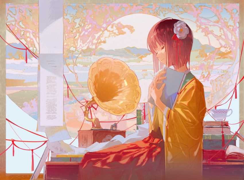 1girl book book_stack closed_eyes closed_mouth cup flower hair_flower hair_ornament hakama hakama_skirt hieda_no_akyuu highres japanese_clothes kimono light_smile long_sleeves phonograph purple_hair red_hakama red_ribbon ribbon seiza sheya_tin short_hair sitting skirt solo table teacup touhou wide_sleeves yellow_kimono