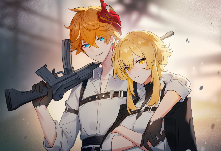 1boy 1girl absurdres arm_around_neck arm_over_shoulder bangs black_gloves black_jacket blonde_hair blue_eyes blurry blurry_background chest_harness closed_mouth crossed_arms earrings genshin_impact gloves gun harness highres holding holding_gun holding_weapon jacket jacket_on_shoulders jewelry looking_at_another looking_at_viewer lumine_(genshin_impact) mask mask_on_head meuni_07 orange_hair red_mask shirt short_hair short_hair_with_long_locks single_earring smile tartaglia_(genshin_impact) upper_body weapon white_shirt yellow_eyes