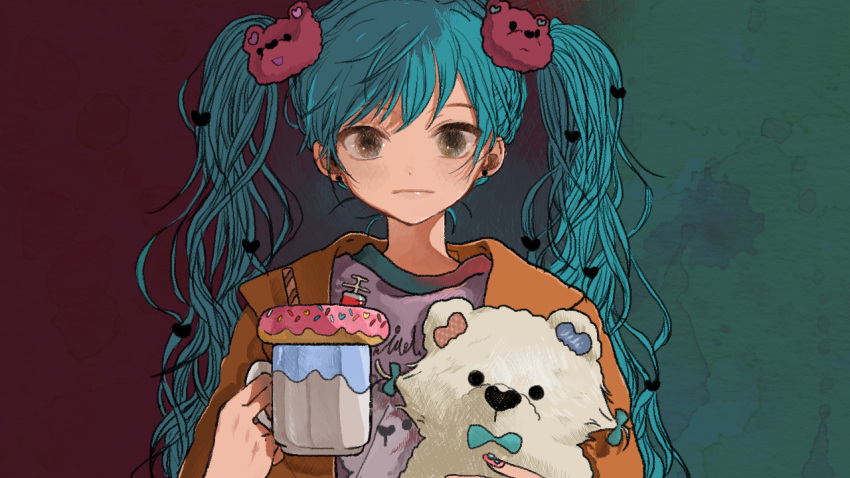 1girl bangs bear_hair_ornament blue_hair brown_eyes closed_mouth coffee_mug commentary_request cup doughnut earrings food green_background hair_ornament hatsune_miku heart heart_hair_ornament jacket jewelry long_hair looking_at_viewer maple_(abc2215) mug orange_jacket purple_shirt red_background shirt solo stud_earrings stuffed_animal stuffed_toy teddy_bear twintails two-tone_background upper_body vocaloid