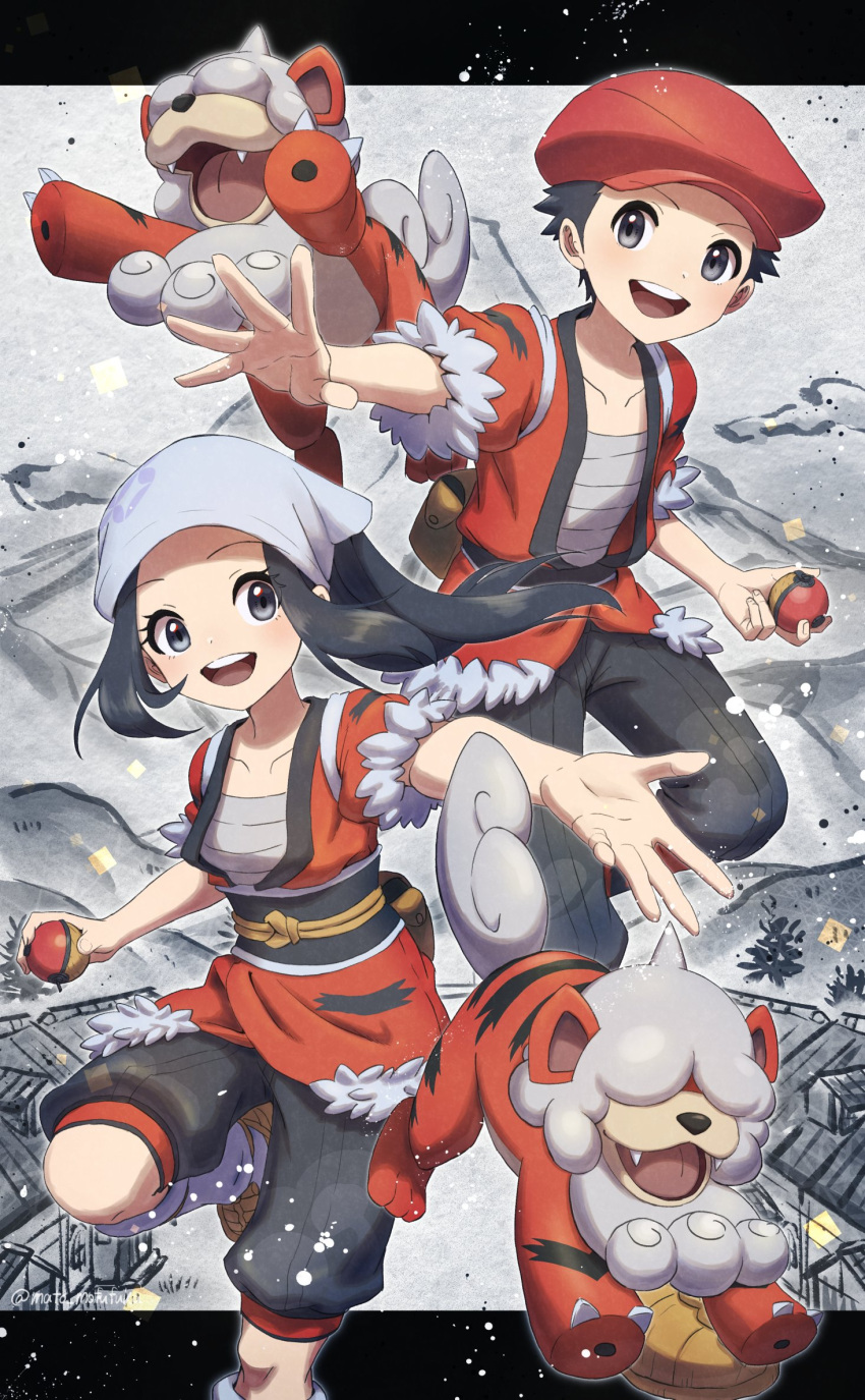 1boy 1girl :d akari_(pokemon) black_hair brown_footwear collarbone commentary_request eyelashes floating_hair grey_shorts hat head_scarf highres hisuian_form hisuian_growlithe holding holding_poke_ball jacket leg_up long_hair mato. open_mouth orange_jacket poke_ball poke_ball_(legends) pokemon pokemon_(creature) pokemon_(game) pokemon_legends:_arceus rei_(pokemon) sash shoes shorts sidelocks smile spread_fingers tongue upper_teeth white_headwear