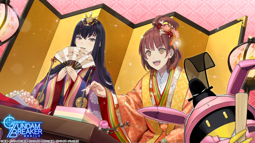 2girls artist_request black_hair brown_hair commentary copyright copyright_name fangs flower folding_fan folding_screen gundam gundam_breaker_mobile hair_flower hair_ornament hand_fan hat high_ponytail highres hina_ningyou hinadan hinamatsuri hishimochi ichinose_yuri japanese_clothes karaginu_mo kimono kuzunoha_rindou lantern layered_clothing layered_kimono light_brown_eyes long_hair mochi multiple_girls official_art open_mouth paper_lantern ritual_baton saishi sanakapool short_hair sparkle tate_eboshi tied_hair topknot violet_eyes