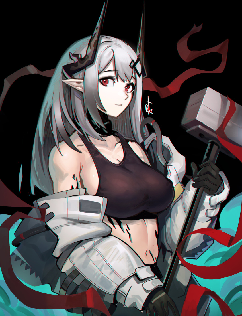 1girl absurdres arknights bangs bare_shoulders black_background black_gloves breasts commentary_request crop_top distr gloves hammer highres holding holding_hammer holding_weapon horns large_breasts long_hair long_sleeves looking_at_viewer midriff mudrock_(arknights) navel off_shoulder oripathy_lesion_(arknights) parted_lips pointy_ears red_eyes silver_hair simple_background solo sports_bra stomach upper_body weapon