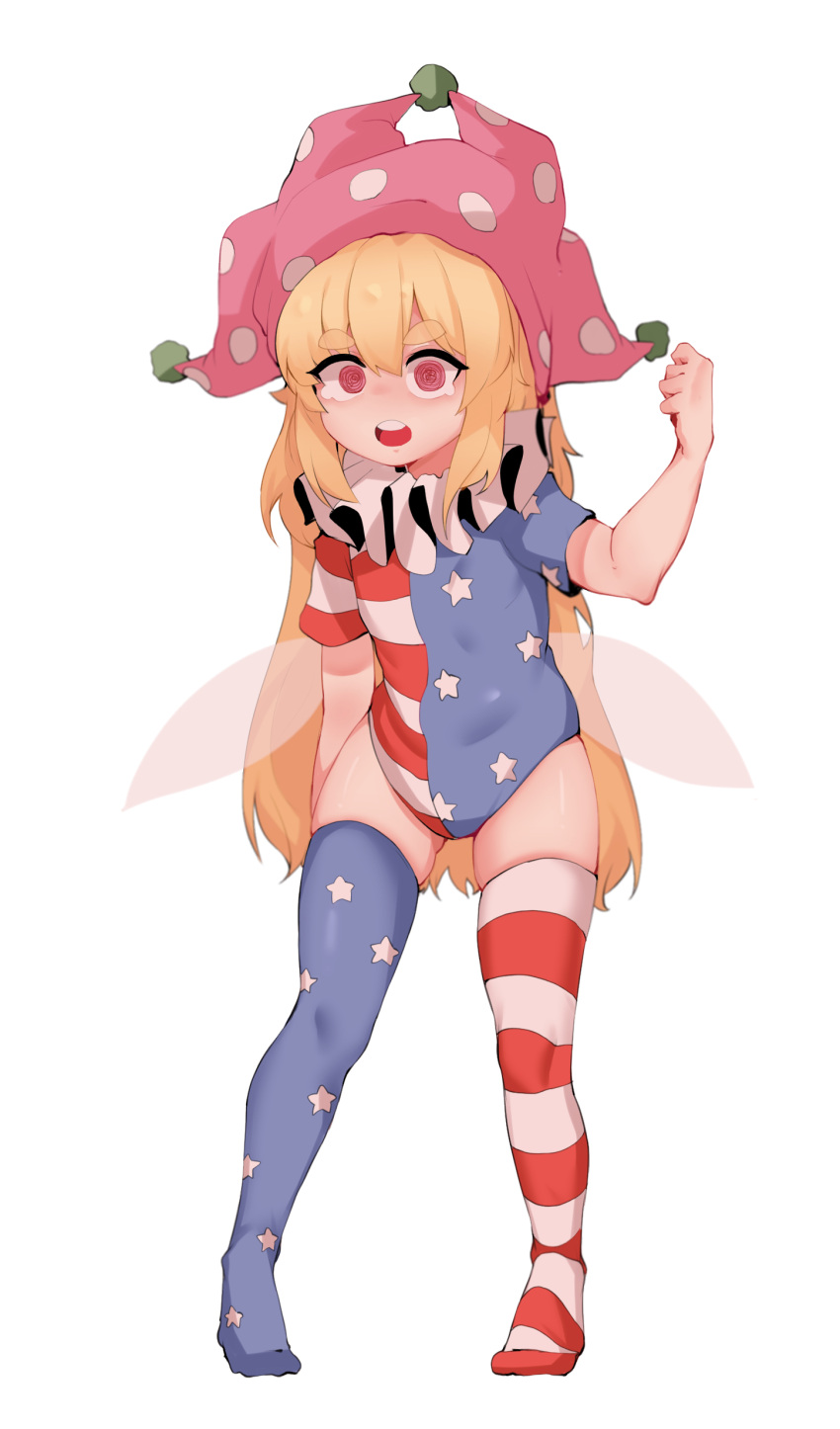 1girl :o @_@ absurdres american_flag_dress american_flag_legwear bangs blonde_hair clownpiece commentary_request doro_au eyebrows_visible_through_hair fairy_wings flat_chest full_body hair_between_eyes hand_up hat highres jester_cap long_hair looking_at_viewer neck_ruff open_mouth pigeon-toed pink_eyes polka_dot_headwear round_teeth short_sleeves simple_background skindentation solo standing star_(symbol) star_print striped striped_legwear tearing_up teeth thick_eyebrows thigh-highs touhou upper_teeth very_long_hair white_background wings