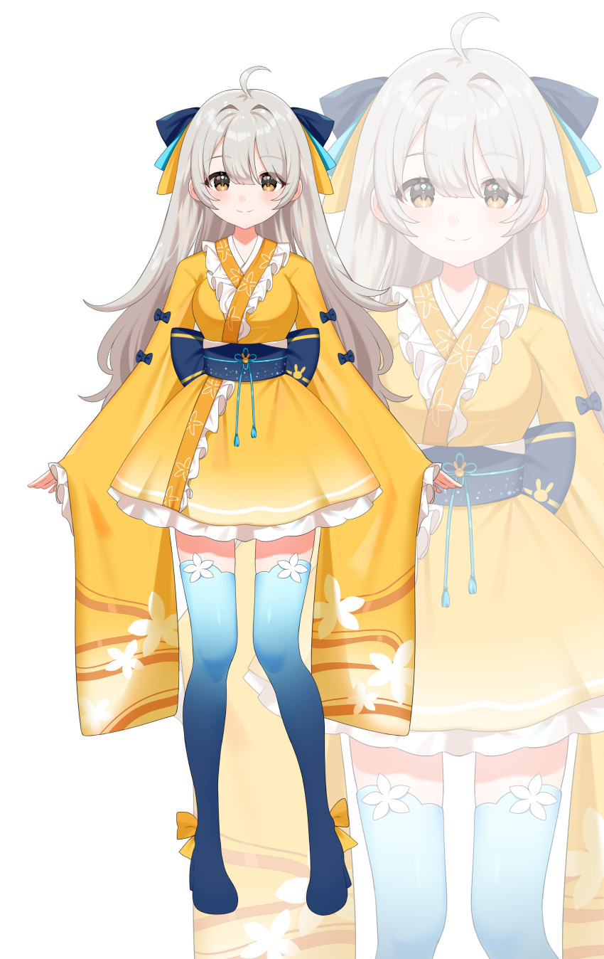 1girl absurdres ahoge blue_footwear blue_sash blush boots bow closed_mouth grey_hair hair_bow high_heel_boots high_heels highres inuyama_nanami japanese_clothes kimono long_hair long_sleeves looking_at_viewer obi sash smile solo thigh-highs thigh_boots tokyo_stage tsukiko_(tokyo_stage) virtual_youtuber wide_sleeves yellow_eyes yellow_kimono zoom_layer