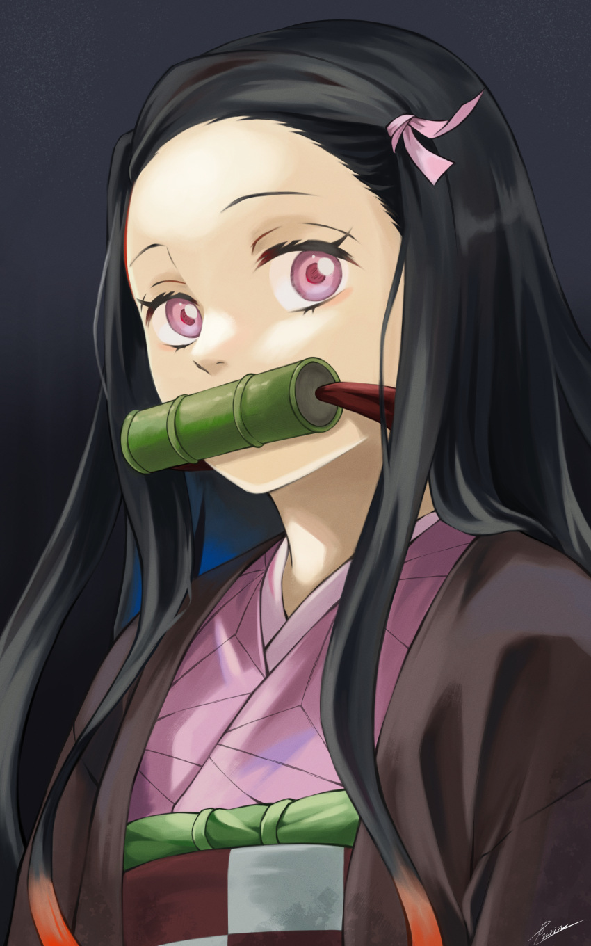 1girl absurdres bamboo bit_gag black_background black_hair checkered_obi fengling_(furin-jp) gag highres japanese_clothes kamado_nezuko kimetsu_no_yaiba kimono long_hair looking_to_the_side mouth_hold pink_eyes pink_kimono pink_ribbon ribbon sidelocks solo upper_body