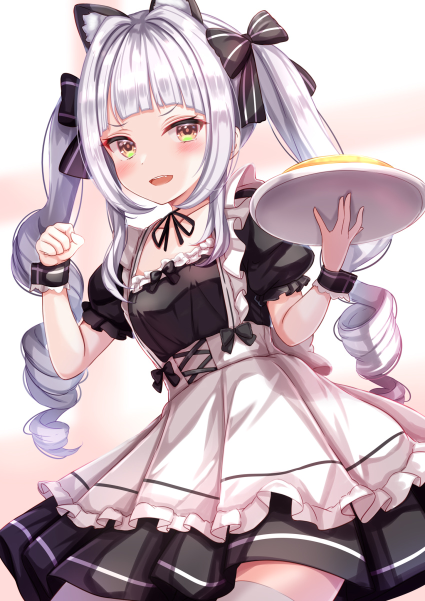 1girl alternate_costume animal_ear_fluff animal_ears apron bangs black_bow black_dress blunt_bangs blush bow brown_eyes cat_ears commentary_request cowboy_shot dress drill_hair enmaided food frilled_apron frills hair_bow hands_up highres holding holding_plate hololive long_hair maid murasaki_shion open_mouth paw_pose plate puffy_short_sleeves puffy_sleeves short_sleeves sidelocks silver_hair smile solo standing thigh-highs twin_drills twintails very_long_hair virtual_youtuber white_apron white_legwear yuano