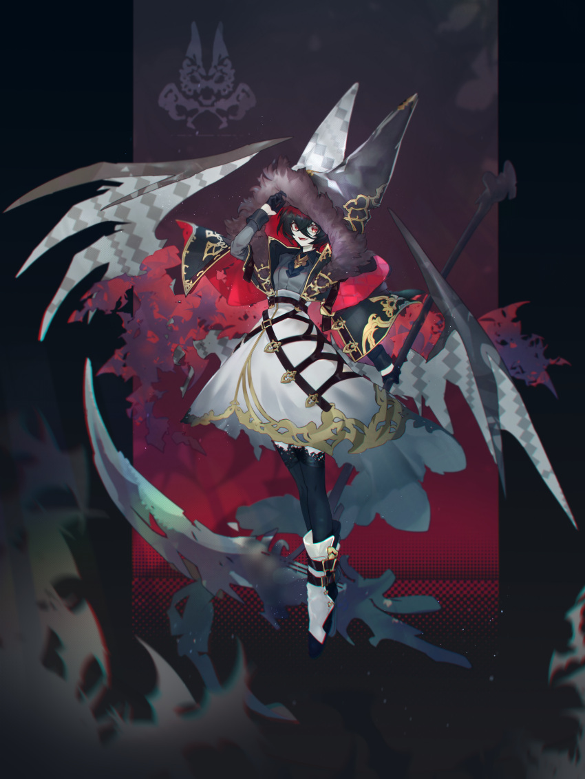 1girl absurdres belt black_hair capelet floating full_body fur_trim gloves hair_between_eyes highres hood huge_filesize legs_together levitation original pale_skin red_eyes scythe shiba_(s_hi_ba_) short_hair solo thigh-highs wings