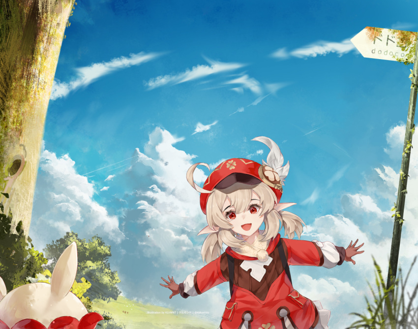 1girl :d ahoge backpack bag bangs blue_sky blurry brown_gloves brown_scarf cabbie_hat clouds cloudy_sky clover_print coat commentary depth_of_field english_commentary eyebrows_visible_through_hair genshin_impact gloves grass hair_between_eyes hat hat_feather hat_ornament jumpy_dumpty kelvwinte klee_(genshin_impact) light_brown_hair long_hair long_sleeves looking_at_viewer low_twintails open_mouth outstretched_arms pocket pointy_ears red_coat red_eyes red_headwear scarf scenery sidelocks sky smile solo spread_arms tree twintails