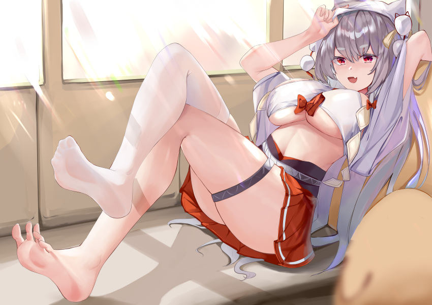 1girl absurdres azur_lane ban_tang breasts fang full_body highres indoors large_breasts looking_at_viewer midriff miniskirt older red_eyes red_skirt silver_hair single_thighhigh skin_fang skirt solo thigh-highs thigh_strap under_boob white_legwear yuudachi_(azur_lane)