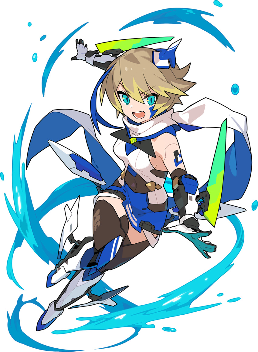 1girl android arm_tattoo artist_request bangs bare_shoulders black_legwear blonde_hair blue_eyes blue_hair blue_skirt boots breasts brown_hair covered_navel elbow_blade elbow_gloves eyebrows_visible_through_hair facial_mark full_body gloves hair_between_eyes headgear highres hydrokinesis joints jumping knee_boots knee_pads leg_up looking_at_viewer medium_breasts miniskirt nate_(world_flipper) non-web_source official_art open_mouth pencil_skirt scarf shiny shiny_hair shirt short_hair sideboob sidelocks skirt sleeveless sleeveless_shirt solo tattoo teeth thigh-highs transparent_background two-sided_fabric v-shaped_eyebrows water white_footwear white_scarf white_shirt wide-eyed world_flipper