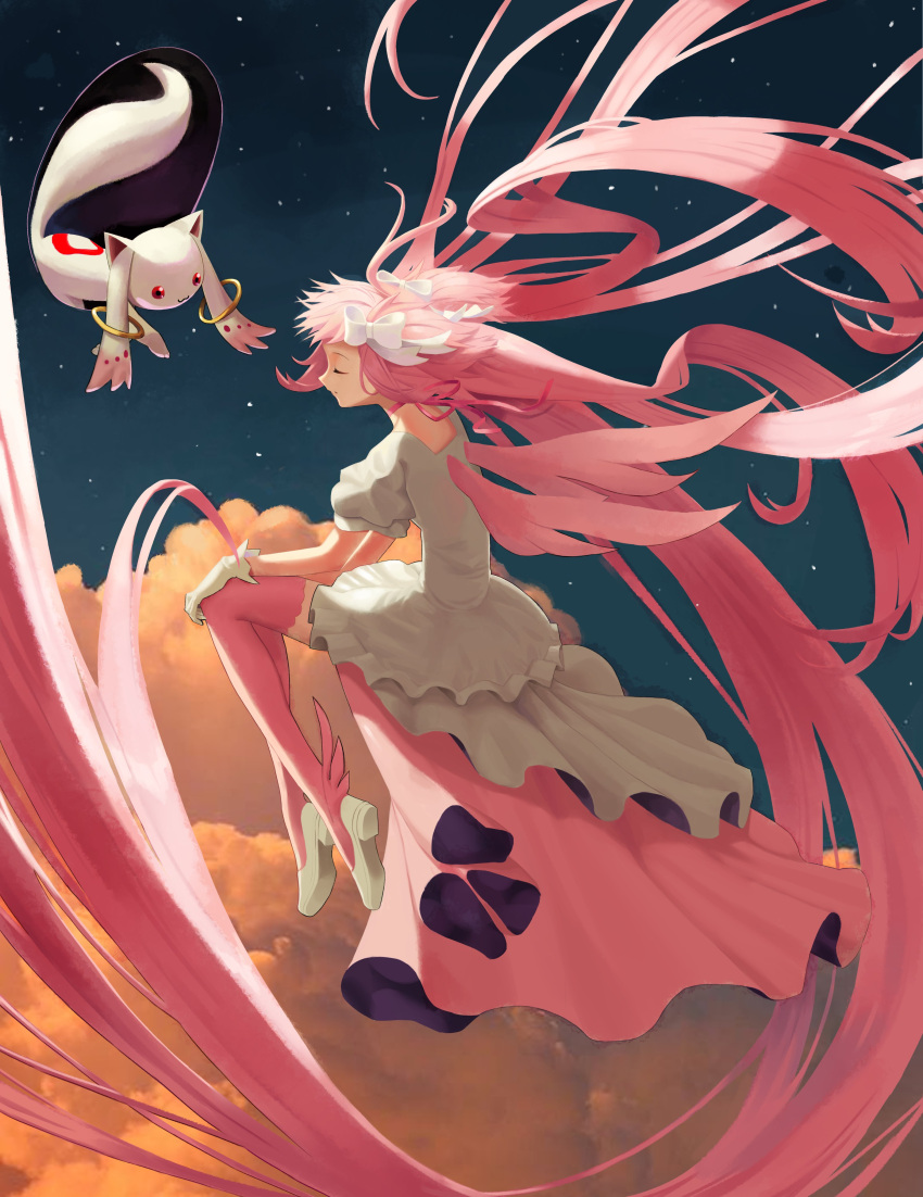 1girl absurdly_long_hair absurdres choker closed_eyes clouds cloudy_sky creature dark_clouds dress expressionless eyelashes flats floating floating_hair frilled_dress frills from_side full_body gloves goddess_madoka hair_ribbon hand_on_own_knee highres hole kamumaon kaname_madoka knees_together_feet_apart knees_up kyubey layered_dress leaning_forward long_dress long_hair mahou_shoujo_madoka_magica mini_wings narrow_waist night night_sky orange_clouds outstretched_paw parted_lips pink_hair pink_legwear pink_ribbon pink_wings profile reaching red_eyes ribbon ribbon_choker shoes short_sleeves sidelighting sky solo star_(sky) starry_sky straight_hair tail thigh-highs two_side_up very_long_hair white_dress white_footwear white_gloves white_ribbon wide_sleeves wings