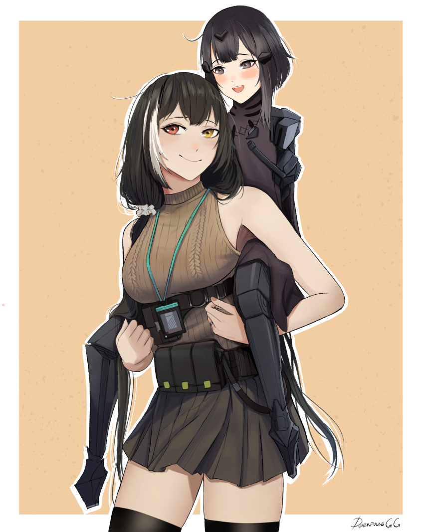 2girls anna_(girls'_frontline) artist_name bangs belt black_eyes black_hair black_legwear black_skirt blush breasts brown_sweater_vest closed_mouth darkpulsegg eyebrows_visible_through_hair feet_out_of_frame girls_frontline hair_ornament hairclip heterochromia highres long_hair looking_at_another looking_at_viewer mechanical_legs medium_breasts multicolored_hair multiple_girls open_mouth red_eyes ro635_(girls'_frontline) simple_background sitting sitting_on_person skirt small_breasts smile standing thigh-highs uniform yellow_eyes