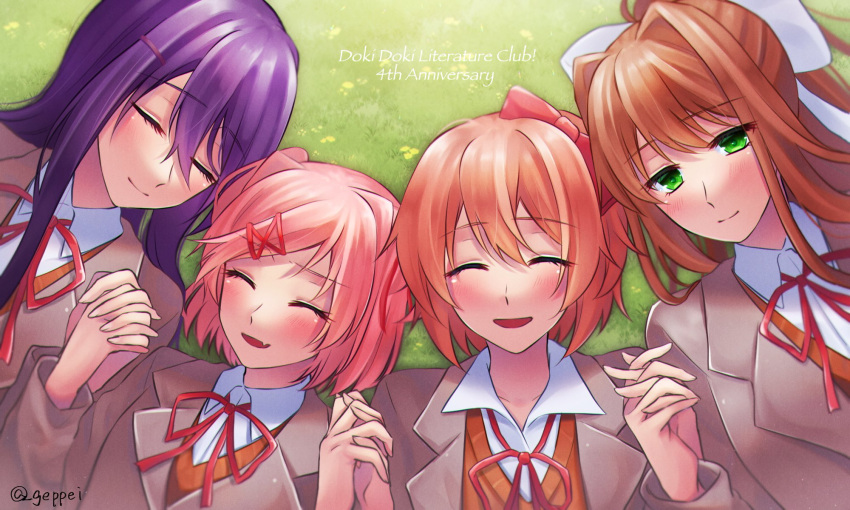 4girls ^_^ anniversary bangs blazer bow brown_hair brown_jacket closed_eyes collared_shirt copyright_name doki_doki_literature_club eyebrows_visible_through_hair geppei grass hair_bow hair_intakes highres holding_hands jacket lying monika_(doki_doki_literature_club) multiple_girls natsuki_(doki_doki_literature_club) on_back open_mouth orange_vest pink_hair ponytail purple_hair red_bow sayori_(doki_doki_literature_club) school_uniform shirt short_hair smile vest white_shirt yuri_(doki_doki_literature_club)