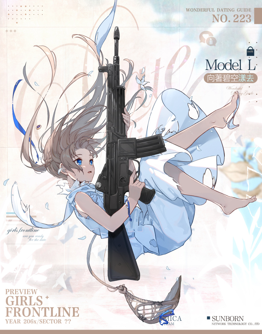 1girl artist_request assault_rifle bare_legs blonde_hair blue_eyes blue_ribbon bracelet braid character_name commentary_request copyright_name dress eyebrows_visible_through_hair falling french_braid girls_frontline gun hair_ribbon highres holding holding_gun holding_weapon jewelry long_hair looking_up model_l_(girls'_frontline) official_art open_mouth ribbon rifle shoes single_shoe solo torn_clothes torn_dress torn_shoes weapon white_dress white_footwear