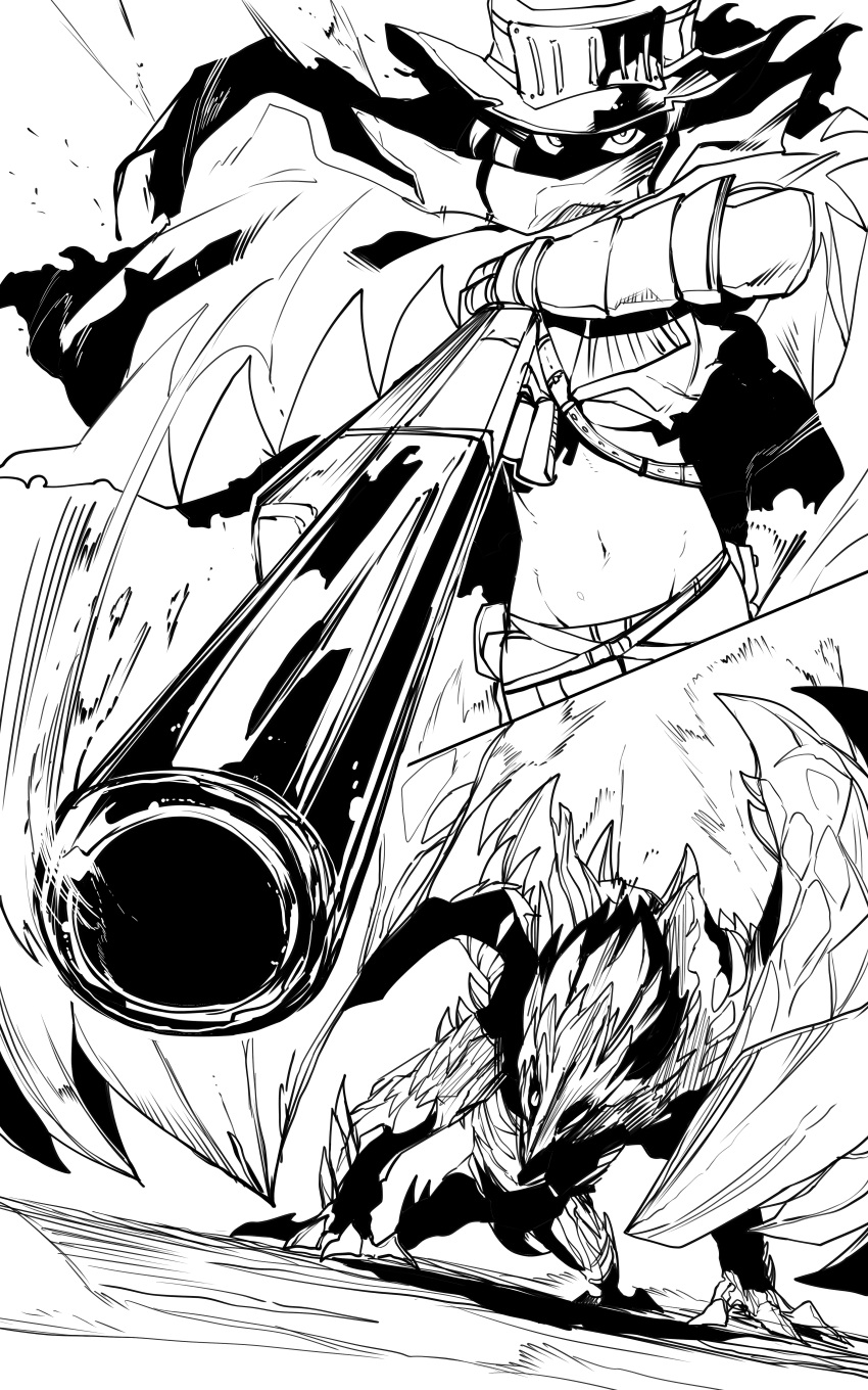 1girl absurdres aiming_at_viewer cape character_request covered_face greyscale gun hat highres holding holding_gun holding_weapon looking_at_viewer midriff monochrome monster monster_hunter_(series) navel niwarhythm rifle solo weapon
