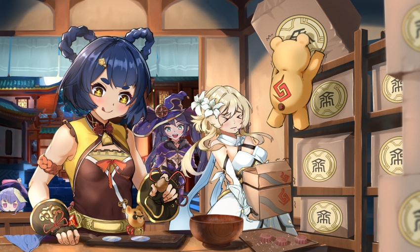 &gt;_&lt; 4girls absurdres bowl box carrying china_dress chinese_clothes dress fingerless_gloves food genshin_impact gloves guoba_(genshin_impact) hat highres lumine_(genshin_impact) mid-autumn_festival mona_(genshin_impact) multiple_girls qiqi_(genshin_impact) shelf smile sparkling_eyes strive-wch witch_hat xiangling_(genshin_impact)