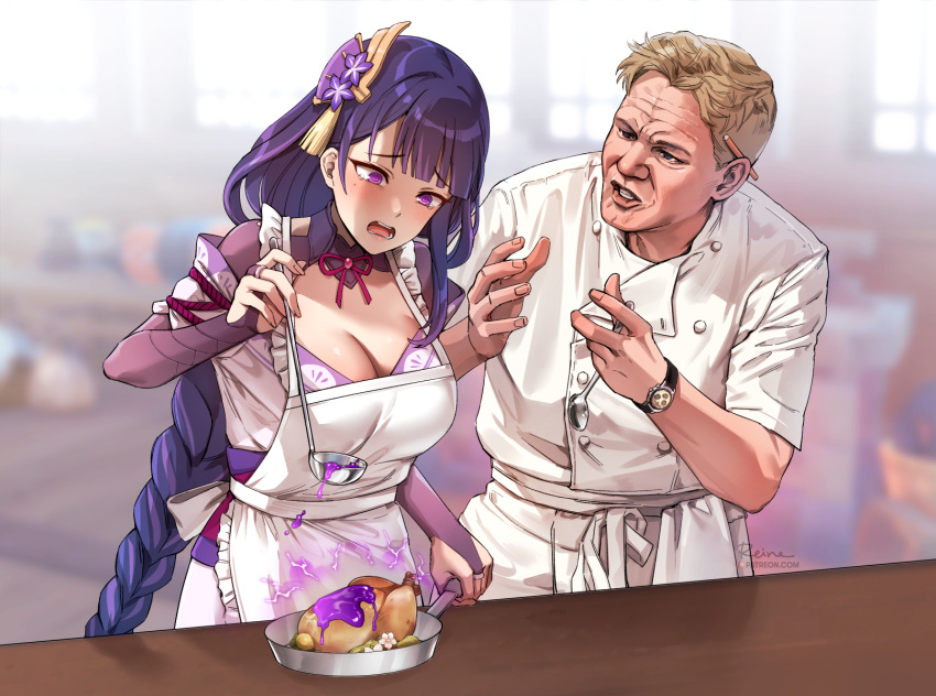 1boy 1girl @_@ apron bangs blonde_hair blunt_bangs blurry blurry_background braid braided_ponytail breasts bridal_gauntlets chef_uniform commentary crossover electricity english_commentary eyebrows_visible_through_hair food foxyreine frilled_apron frills frying_pan genshin_impact gordon_ramsay hair_ornament hand_up hands_up hell's_kitchen highres holding indoors ladle large_breasts long_hair mole mole_under_eye neck_ribbon obi open_mouth parted_lips purple_hair raiden_shogun raised_eyebrows real_life ribbon sash short_hair spoon tearing_up violet_eyes watch watch white_apron window wrinkled_skin