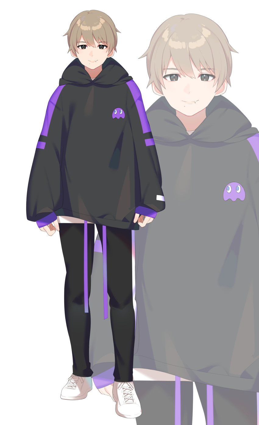 1boy absurdres black_eyes black_hoodie black_pants closed_mouth fang fang_out grey_hair highres hood hood_down hoodie indie_virtual_youtuber inuyama_nanami long_sleeves looking_at_viewer male_focus mole mole_under_mouth official_art pants shoes short_hair smile solo white_footwear yoshiki_(vtuber) zoom_layer