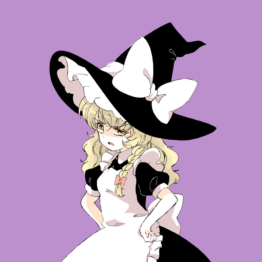 1girl apron black_dress black_headwear blonde_hair bow braid commentary_request dress hair_bow hands_on_hips hat hat_bow highres kirisame_marisa long_hair mellow open_mouth purple_background red_bow short_sleeves simple_background single_braid solo touhou upper_body white_bow witch_hat yurigaoka_nayuki