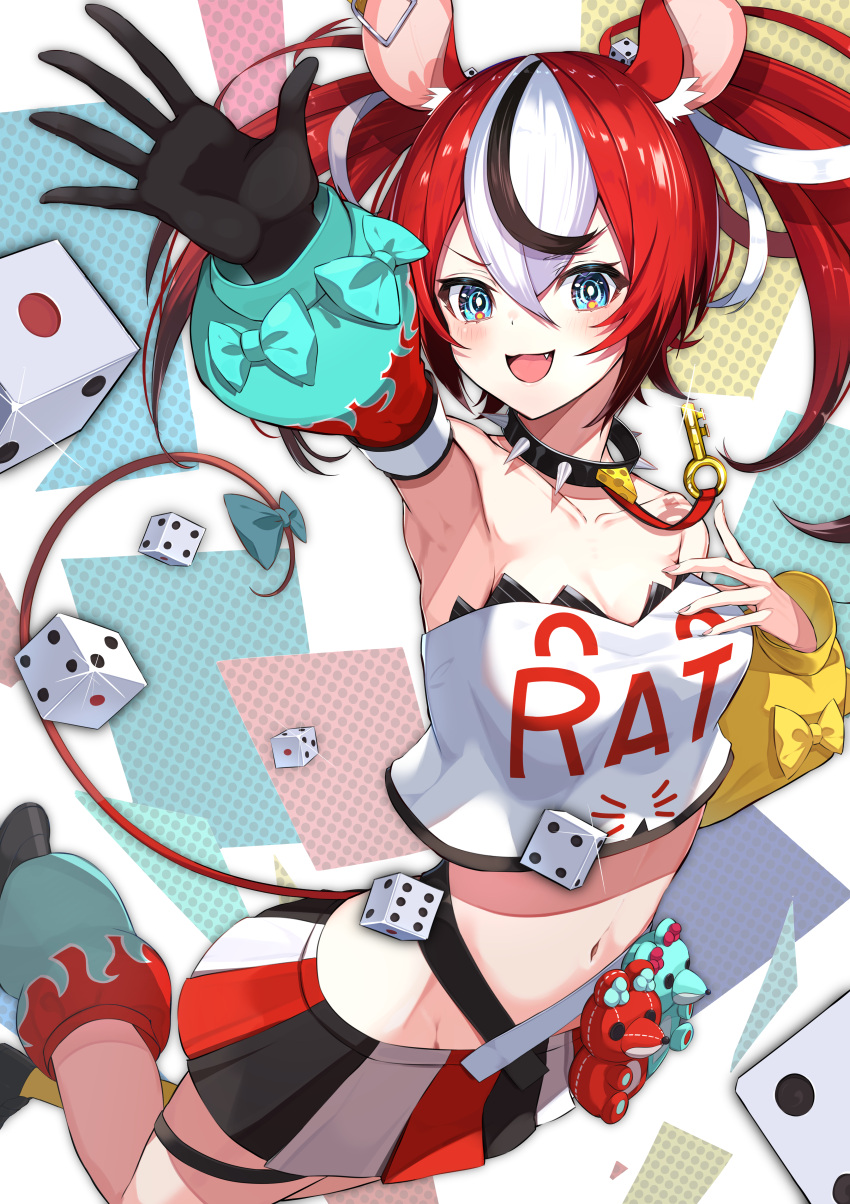 1girl :d absurdres animal_ears appo_(36786257) arm_up armpits bangs bare_shoulders black_footwear black_gloves black_hair blue_eyes bow breasts cheese clothes_writing collar collarbone detached_sleeves dice_hair_ornament english_text eyebrows_visible_through_hair fang food glint gloves green_bow hair_between_eyes hair_ornament hakos_baelz hand_up highres hololive hololive_english key_necklace leg_warmers looking_at_viewer medium_hair midriff mouse_ears mouse_girl mouse_tail multicolored multicolored_clothes multicolored_hair multicolored_skirt navel open_mouth outstretched_arm outstretched_hand pleated_skirt redhead shiny shiny_hair shirt single_glove skirt small_breasts smile solo spiked_collar spikes stomach strapless stuffed_animal stuffed_toy tail tail_bow tail_ornament twintails v-shaped_eyebrows virtual_youtuber white_background white_hair white_shirt yellow_bow