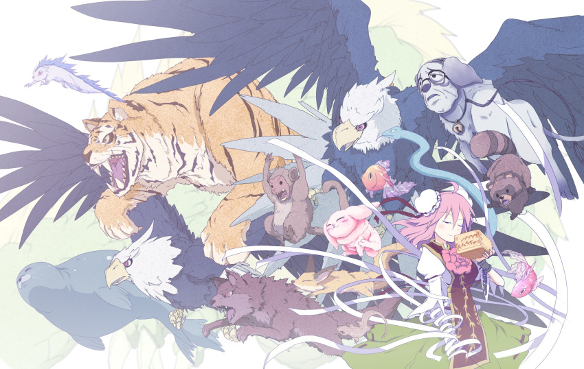 1girl ahoge animal_ears animal_on_arm bandages bangs bird breasts chain closed_eyes commentary_request cuffs dog double_bun dragon eagle eastern_dragon eyebrows_visible_through_hair feathered_wings fish flower fox glasses goldfish green_skirt hair_between_eyes hands_up highres ibaraki_kasen joyfull_(terrace) leaf lizard manzairaku medium_breasts monkey open_mouth pink_flower pink_hair puffy_short_sleeves puffy_sleeves rabbit raccoon_ears raccoon_tail raijuu red_vest ribbon seal_(animal) shackles shirt short_hair short_sleeves simple_background skirt snake tabard tail tiger touhou vest whiskers white_background white_shirt white_sleeves wings wolf