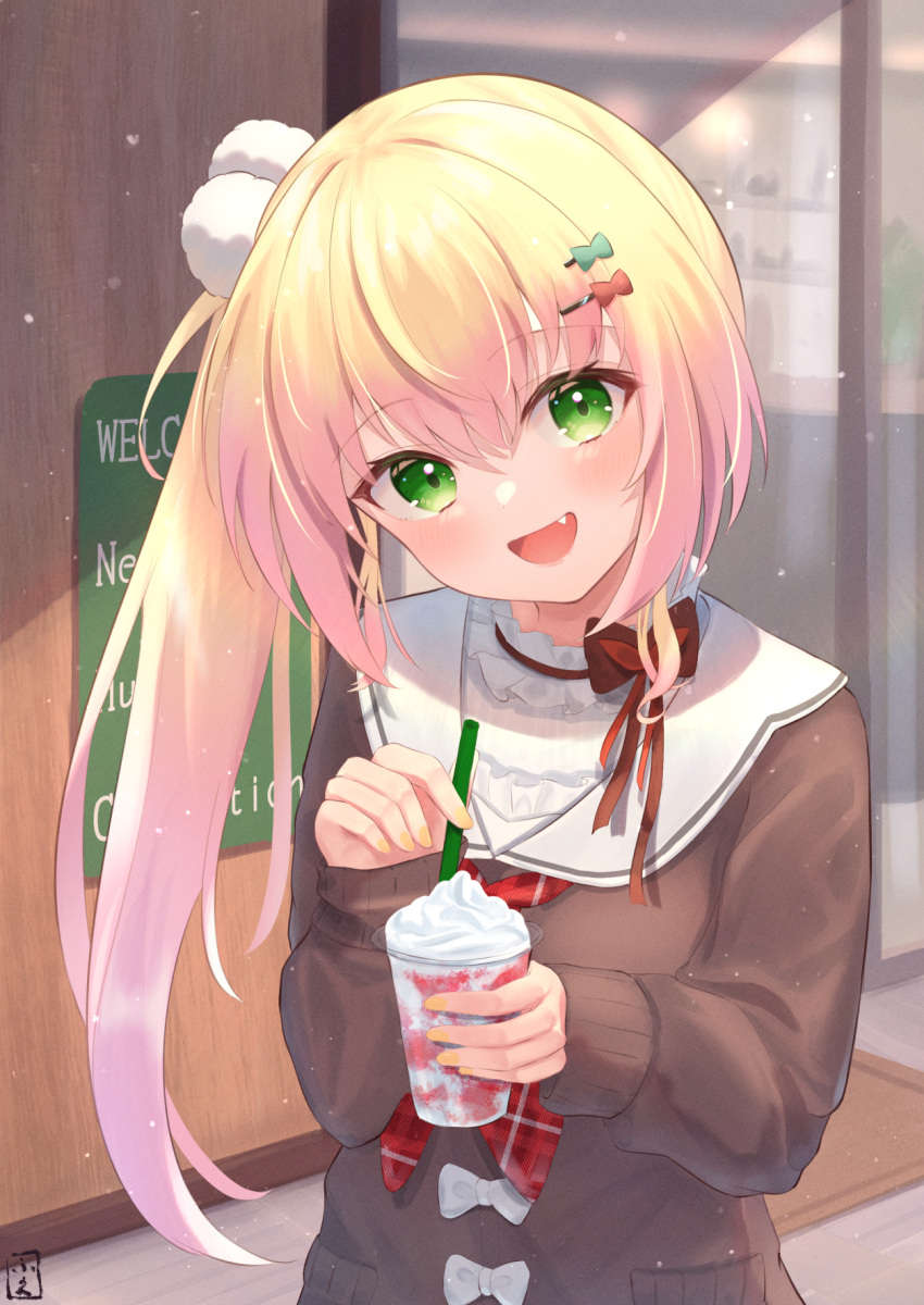 1girl :d bangs blonde_hair blush bow brown_sweater collar commentary_request cup drinking_straw eyebrows_visible_through_hair fang food frilled_collar frills fue_(lars0713) gradient_hair green_eyes hair_between_eyes hair_bow hair_ornament head_tilt highres holding holding_cup holding_drinking_straw hololive ice_cream light_particles long_hair long_sleeves looking_at_viewer momosuzu_nene multicolored_hair nail_polish necktie official_alternate_costume open_mouth pink_hair plaid_neckwear pom_pom_(clothes) pom_pom_hair_ornament red_bow red_neckwear sailor_collar smile solo sweater upper_body virtual_youtuber white_sailor_collar yellow_nails