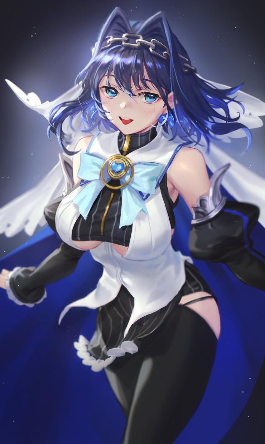 1girl :d absurdres armpit_crease bangs black_legwear blue_eyes breasts bt_6924 chain clothing_cutout dark_blue_hair detached_sleeves hair_between_eyes hair_intakes head_chain highres hololive hololive_english large_breasts medium_hair open_mouth ouro_kronii outstretched_arms smile solo spread_arms underboob_cutout virtual_youtuber