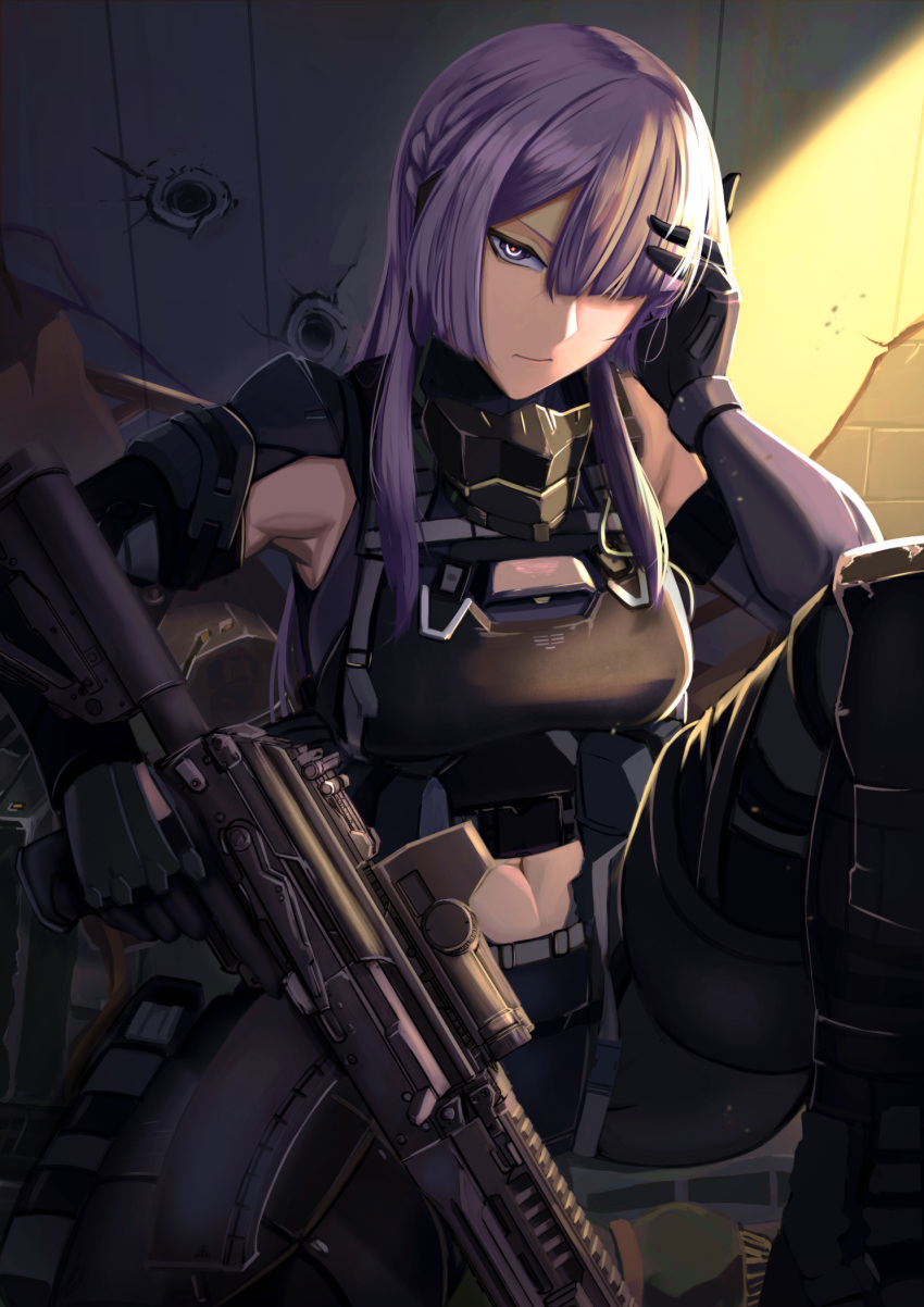 1girl abs ak-15 ak-15_(girls'_frontline) armor artificial_eye assault_rifle bangs bare_shoulders black_gloves black_pants closed_mouth commentary_request elbow_gloves girls_frontline gloves gun hair_over_one_eye hand_in_hair highres kalashnikov_rifle long_hair mask mask_removed mechanical_eye pants purple_hair replikia rifle squatting weapon