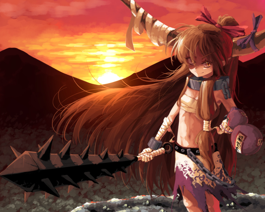 1girl bandaged_arm bandages bangs chain club_(weapon) commentary_request cuffs eyebrows_visible_through_hair eyes_visible_through_hair flat_chest gourd hair_between_eyes hair_ribbon hand_on_hip highres holding holding_weapon horn_ornament horn_ribbon horns ibuki_suika long_hair looking_at_viewer low-tied_long_hair mountainous_horizon navel oni_horns orange_eyes orange_hair red_ribbon ribbon sarashi shackles smile solo spiked_club sunset sunyup touhou weapon
