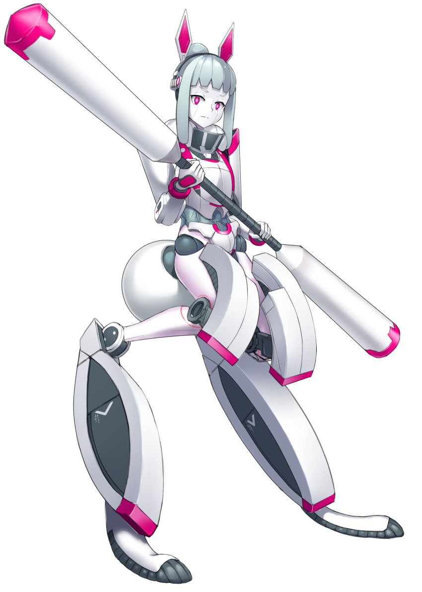 absurdres android animal_ears aqua_hair armor colored_skin digitigrade full_body highres hispol_(04-uma-alpha) holding holding_weapon joints looking_at_viewer original pink_eyes rabbit_ears rabbit_tail robot_joints science_fiction solo standing tail weapon white_background white_skin