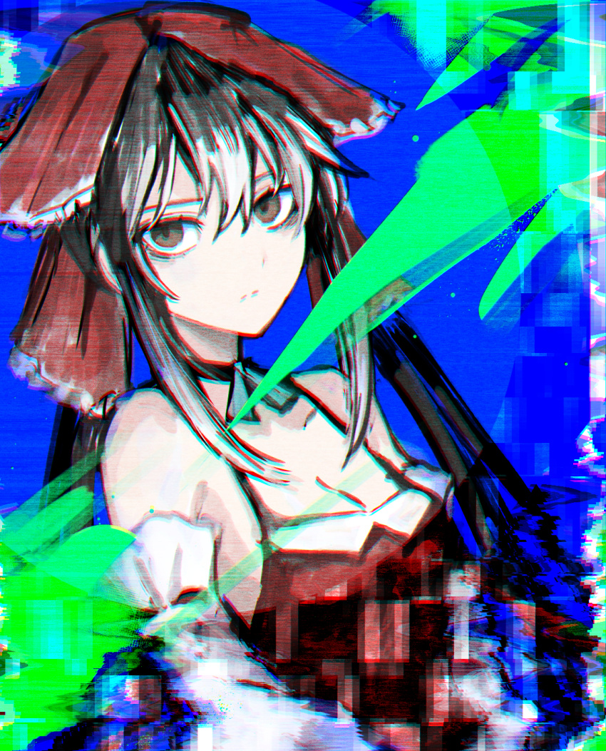 1girl bangs black_hair blue_background bow breasts brown_eyes cellphone choker chromatic_aberration closed_mouth commentary_request cookie_(touhou) detached_sleeves dress dutch_angle expressionless glitch hair_between_eyes hair_bow hakurei_reimu highres long_hair looking_at_viewer m_onme medium_breasts phone red_bow red_dress sidelocks solo touhou upper_body white_sleeves yuyusu_(cookie)