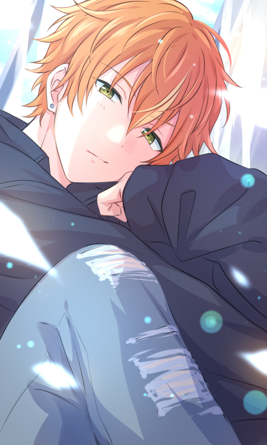 1boy bangs black_hoodie blonde_hair closed_mouth denim earrings green_eyes highres hood hood_down hoodie jeans jewelry looking_at_viewer male_focus multicolored_hair orange_hair pants project_sekai sekina shinonome_akito short_hair sitting solo torn_clothes torn_jeans torn_pants two-tone_hair