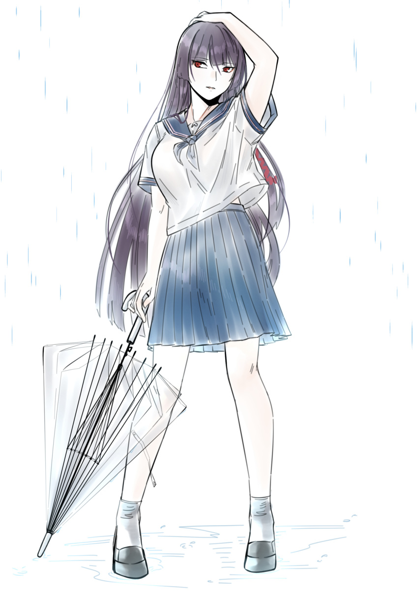 1girl absurdres black_footwear blue_skirt closed_mouth eyebrows_visible_through_hair girls_frontline hand_on_own_head highres holding holding_umbrella long_hair looking_away purple_hair red_eyes school_uniform serafuku shirt shoes skirt solo standing stigmamyu umbrella wa2000_(girls'_frontline) water_drop white_background white_shirt