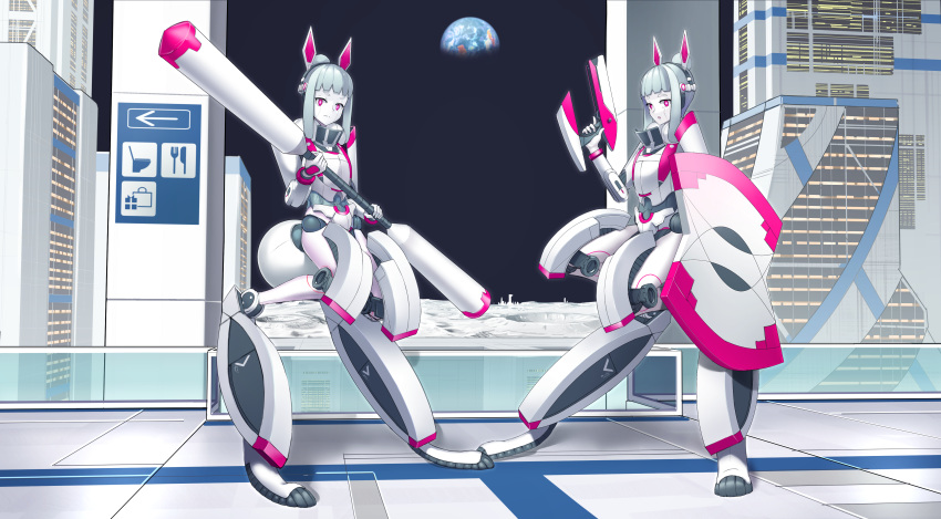 2girls absurdres android animal_ears aqua_hair armor building cityscape colored_skin commentary_request crater digitigrade earth_(planet) full_body gun hair_bun highres hispol_(04-uma-alpha) holding holding_gun holding_shield holding_weapon humanoid_robot joints moon multiple_girls original pink_eyes planet rabbit_ears rabbit_tail robot_joints science_fiction shield skyscraper tail weapon white_skin
